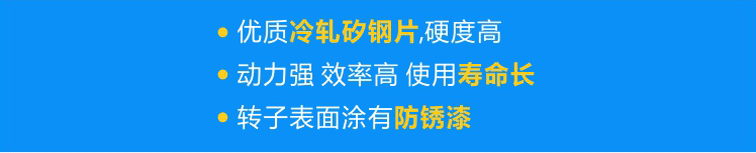 使用優(yōu)質(zhì)冷軋矽鋼片，硬度高；轉(zhuǎn)子經(jīng)高頻淬火，動力強(qiáng) 效率高 壽命長；轉(zhuǎn)子表面涂有防銹漆，更耐用！