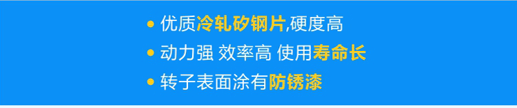 使用優(yōu)質(zhì)冷軋矽鋼片，硬度高；轉(zhuǎn)子經(jīng)高頻淬火，動力強 效率高 壽命長；轉(zhuǎn)子表面涂有防銹漆，更耐用！