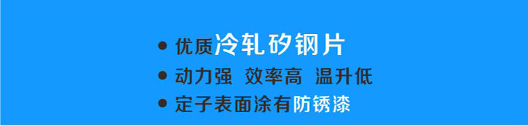 轉(zhuǎn)子選用優(yōu)質(zhì)冷軋硅鋼片，動力強、效率高、溫升低，表面涂有防銹漆更耐用