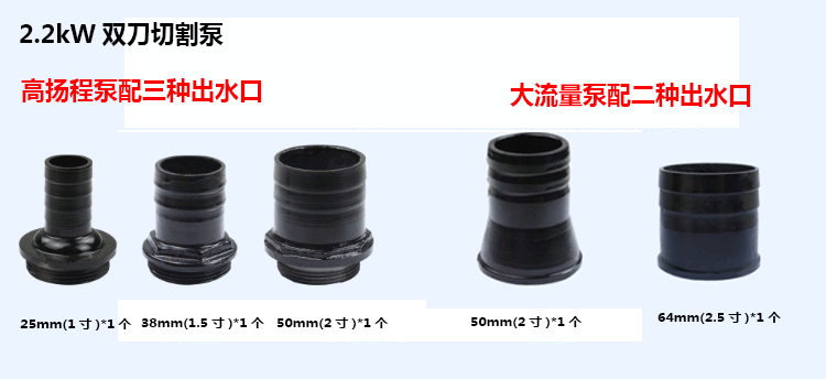 2.2kW高揚程雙刀切割泵配25mm/38mm/50mm（1寸/1.5寸/2寸）三種出水口，2.2kW大流量雙刀切割泵配50mm/64mm（2寸/2.5寸）三種出水口